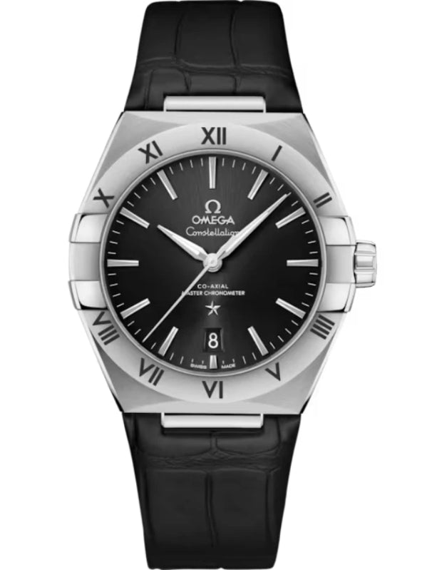 Omega Constellation men's automatic watch, 39mm stainless steel case, Roman numeral bezel, leather strap – full front view