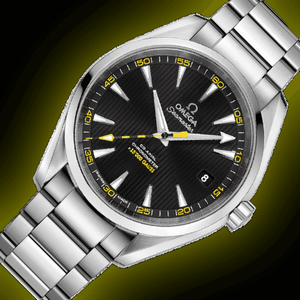 Omega Seamaster Aqua Terra 150M >15,000 Gauss 231.10.42.21.01.002 men's automatic watch, black dial with yellow accents – angle view on dark background