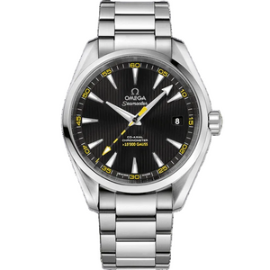 Omega Seamaster Aqua Terra 150M >15,000 Gauss 231.10.42.21.01.002 men's automatic watch, 41.5mm stainless steel case, black dial with yellow accents, steel bracelet – front view