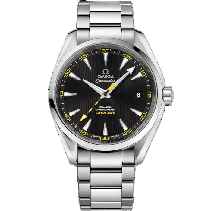 Omega Seamaster Aqua Terra 150M >15,000 Gauss 231.10.42.21.01.002 men's automatic watch, 41.5mm stainless steel case, black dial with yellow accents, steel bracelet – front view