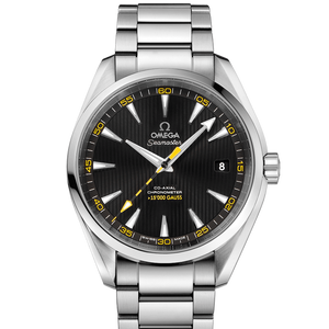 Omega Seamaster Aqua Terra 150M >15,000 Gauss 231.10.42.21.01.002 men's automatic watch, 41.5mm stainless steel case, black dial with yellow accents, steel bracelet – full front view