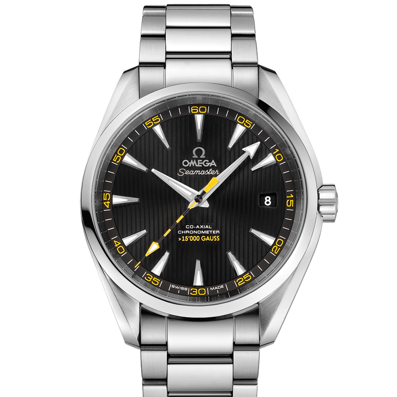 Omega Seamaster Aqua Terra 150M >15,000 Gauss 231.10.42.21.01.002 men's automatic watch, 41.5mm stainless steel case, black dial with yellow accents, steel bracelet – full front view