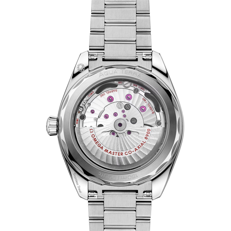 Omega Seamaster Aqua Terra 150M 220.10.41.21.03.006 men's automatic watch, 41mm stainless steel case, turquoise dial, steel bracelet – caseback movement view