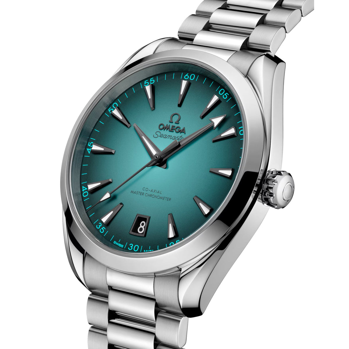 Omega Seamaster Aqua Terra 150M 220.10.41.21.03.006 men's automatic watch, 41mm stainless steel case, turquoise dial, steel bracelet – dial angle close-up