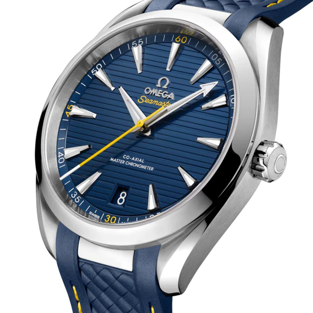 Omega Seamaster Aqua Terra 150M 220.12.41.21.03.009 men's automatic watch, 41mm stainless steel case, blue dial, blue rubber strap – angle view