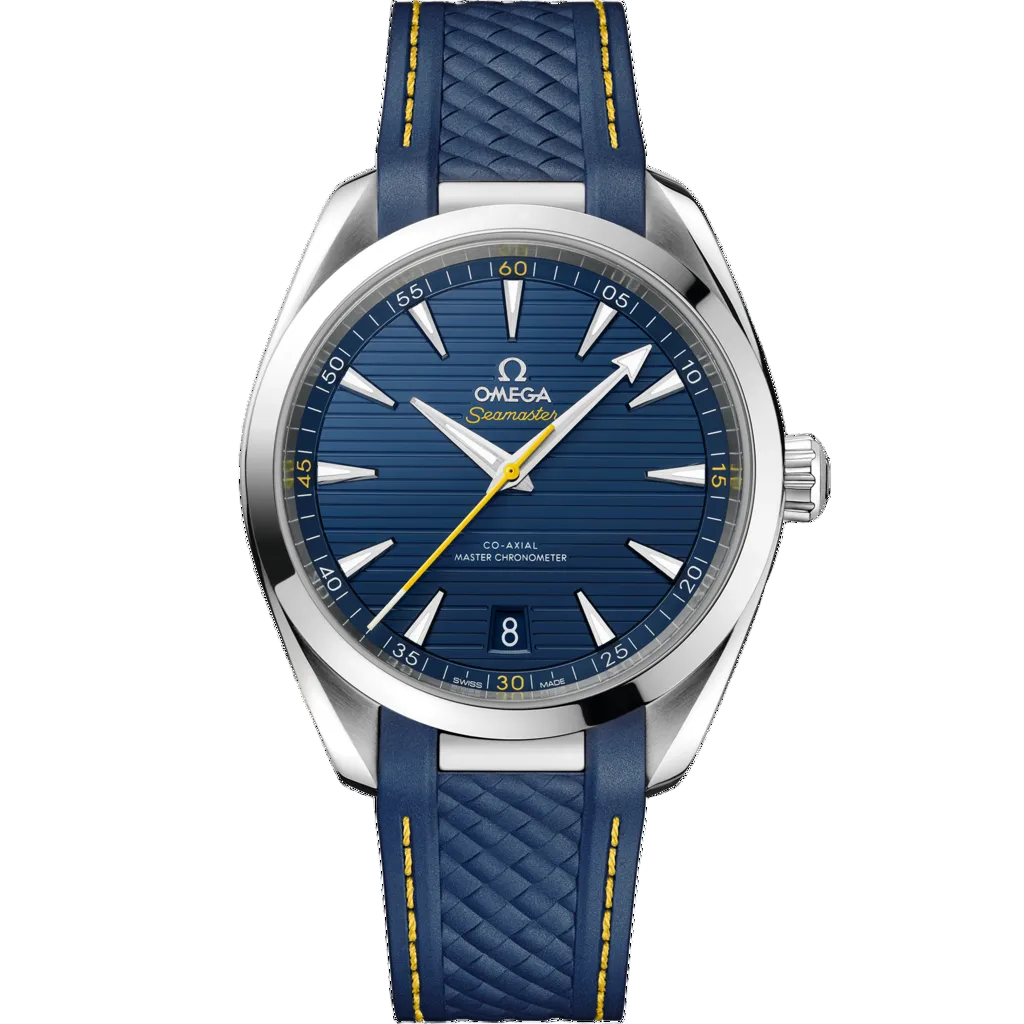 Omega Seamaster Aqua Terra 150M 220.12.41.21.03.009 men's automatic watch, 41mm stainless steel case, blue dial, blue rubber strap – front view
