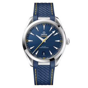 Omega Seamaster Aqua Terra 150M 220.12.41.21.03.009 men's automatic watch, 41mm stainless steel case, blue dial, blue rubber strap – full front view