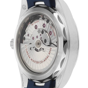 Omega Seamaster Aqua Terra 150M 220.12.41.21.06.001 men's automatic watch, 41mm stainless steel case, grey dial, blue rubber strap – caseback movement close-up