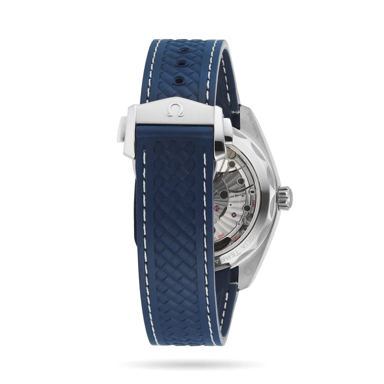 Omega Seamaster Aqua Terra 150M 220.12.41.21.06.001 men's automatic watch, 41mm stainless steel case, grey dial, blue rubber strap – caseback view