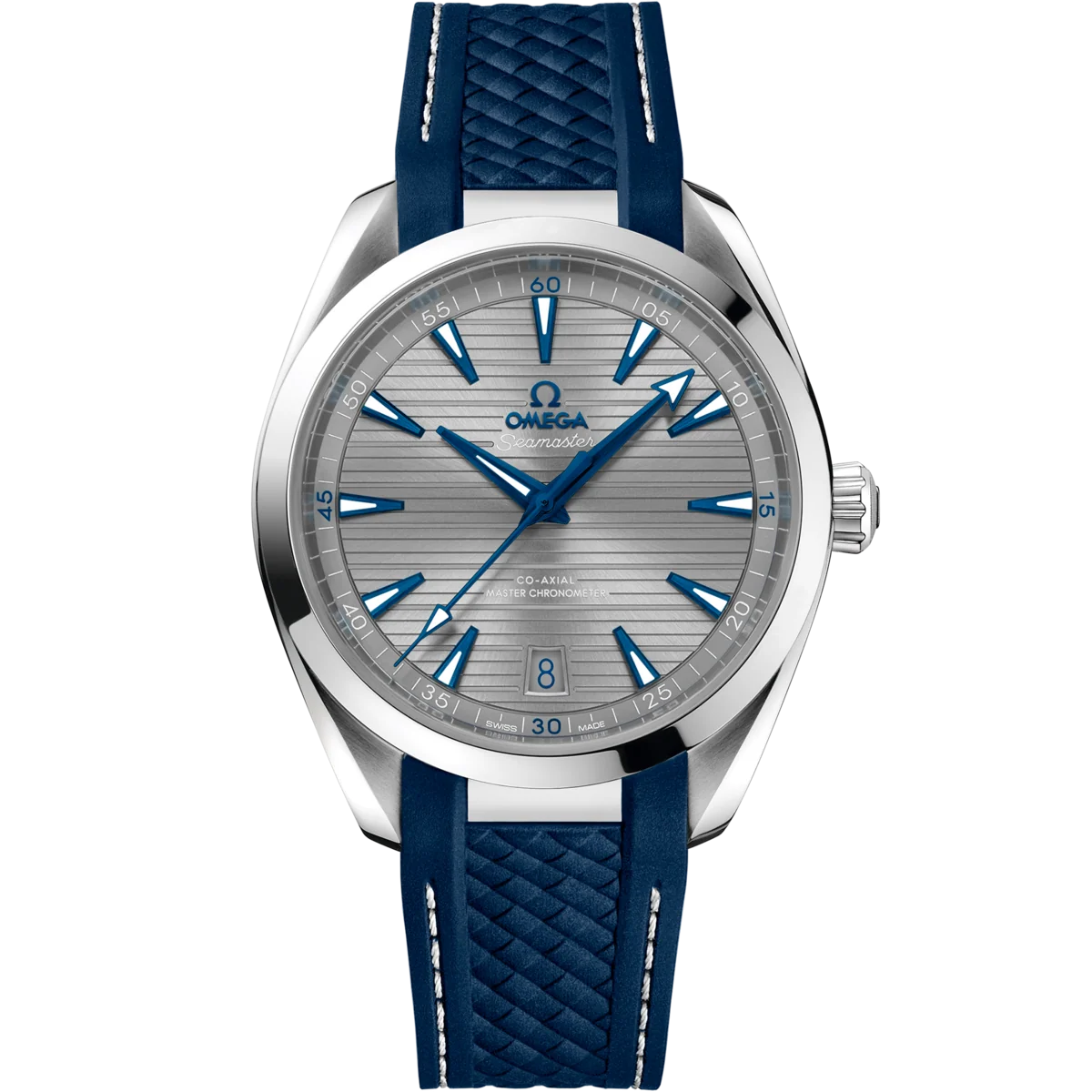 Omega Seamaster Aqua Terra 150M 220.12.41.21.06.001 men's automatic watch, 41mm stainless steel case, grey dial, blue rubber strap – front view