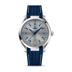 Omega Seamaster Aqua Terra 150M 220.12.41.21.06.001 men's automatic watch, 41mm stainless steel case, grey dial, blue rubber strap – full front view