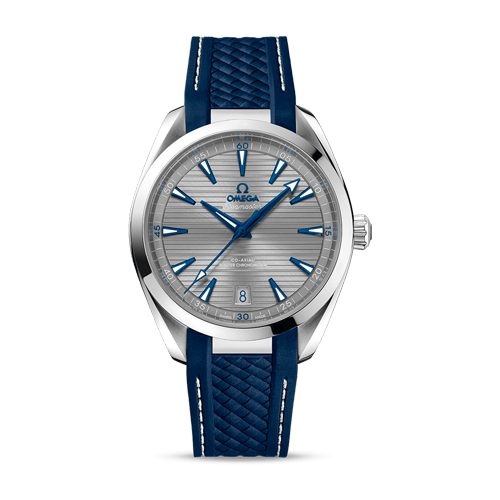 Omega Seamaster Aqua Terra 150M 220.12.41.21.06.001 men's automatic watch, 41mm stainless steel case, grey dial, blue rubber strap – full front view
