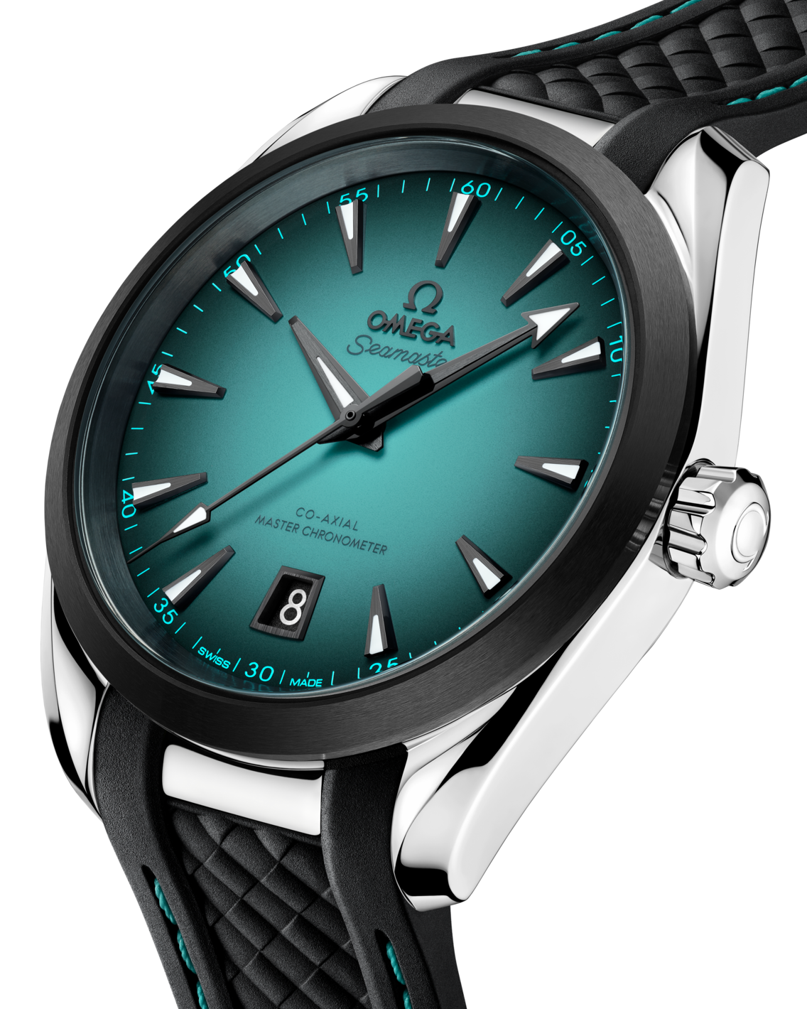 Omega Seamaster Aqua Terra 150M 220.32.41.21.03.001 men's automatic watch, 41mm stainless steel case, turquoise dial, black rubber strap – angle view