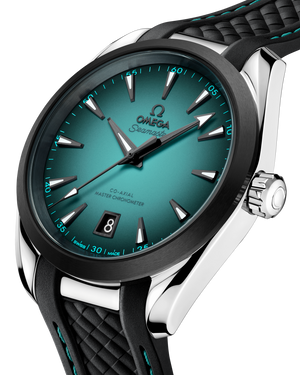 Omega Seamaster Aqua Terra 150M 220.32.41.21.03.001 men's automatic watch, 41mm stainless steel case, turquoise dial, black rubber strap – angle view