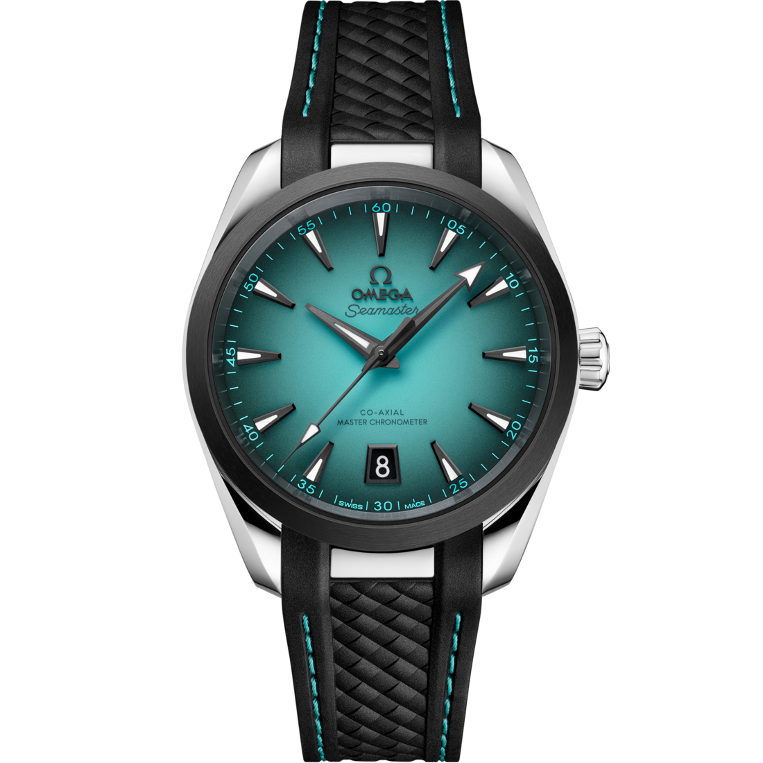 Omega Seamaster Aqua Terra 150M 220.32.41.21.03.001 men's automatic watch, 41mm stainless steel case, turquoise dial, black rubber strap – full front view