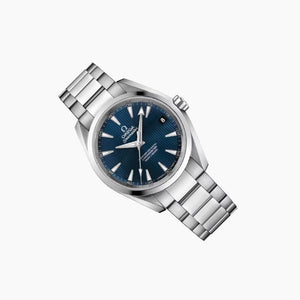 Omega Seamaster Aqua Terra 150M 231.10.42.21.03.003 men's automatic watch, 41.5mm stainless steel case, blue dial, steel bracelet – left angle view