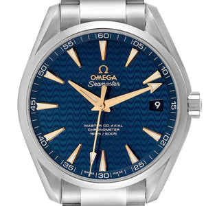 Omega Seamaster Aqua Terra 150M 231.10.42.21.03.006 men's automatic watch – blue wave dial close-up with gold hands and date window