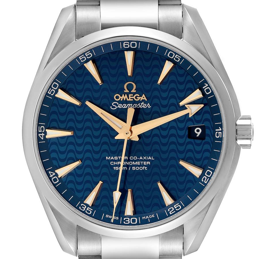 Omega Seamaster Aqua Terra 150M 231.10.42.21.03.006 men's automatic watch – blue wave dial close-up with gold hands and date window