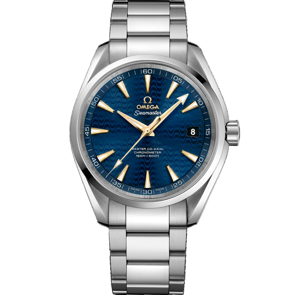 Omega Seamaster Aqua Terra 150M 231.10.42.21.03.006 men's automatic watch, 41.5mm stainless steel case, blue dial with gold hands, steel bracelet – full front view
