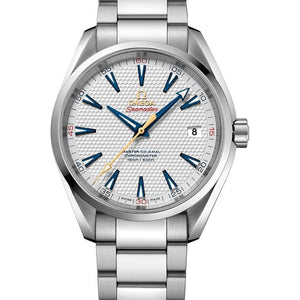 Omega Seamaster Aqua Terra 150M Golf Edition 231.10.42.21.02.004 men's automatic watch – silver teak dial close-up with blue hands