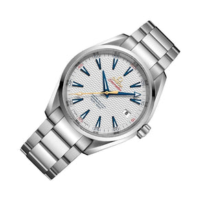 Omega Seamaster Aqua Terra 150M Golf Edition 231.10.42.21.02.004 men's automatic watch, 41.5mm stainless steel case, silver dial, steel bracelet – left angle view