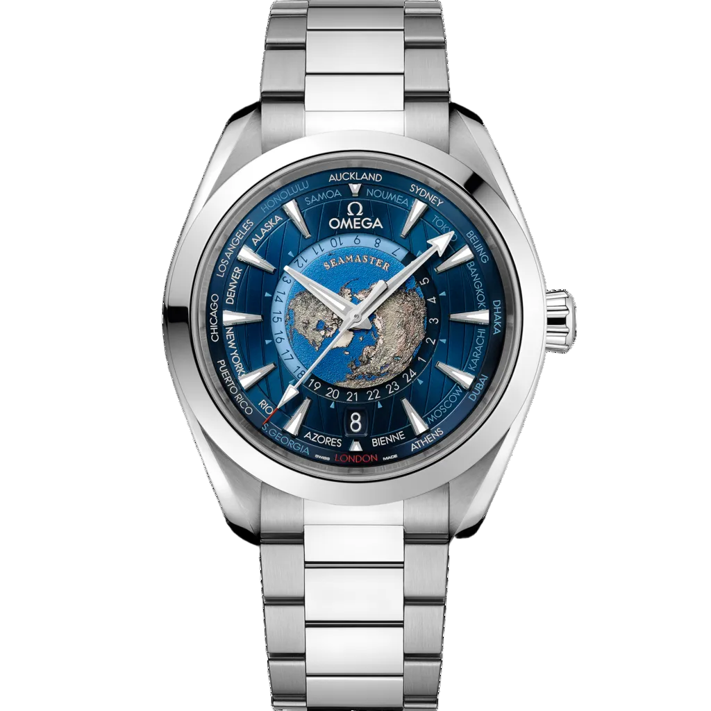 Omega Seamaster Aqua Terra 150M Worldtimer 220.10.43.22.03.001 men's automatic watch, 43mm stainless steel case, blue world-time dial, steel bracelet – front view