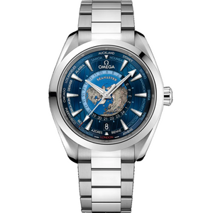 Omega Seamaster Aqua Terra 150M Worldtimer 220.10.43.22.03.001 men's automatic watch, 43mm stainless steel case, blue world-time dial, steel bracelet – front view