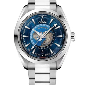 Omega Seamaster Aqua Terra 150M Worldtimer 220.10.43.22.03.001 men's automatic watch, 43mm stainless steel case, blue world-time dial, steel bracelet – full front view