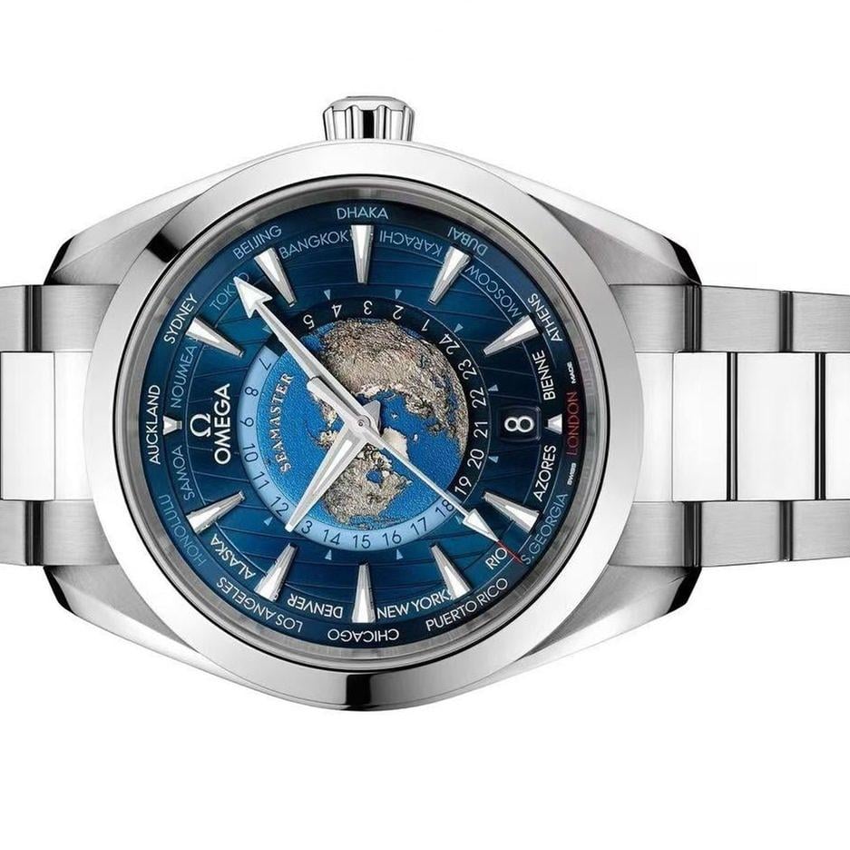 Omega Seamaster Aqua Terra 150M Worldtimer 220.10.43.22.03.001 men's automatic watch, 43mm stainless steel case, steel bracelet – top view