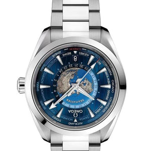 Omega Seamaster Aqua Terra 150M Worldtimer 220.10.43.22.03.001 men's automatic watch – blue world-time dial close-up with Earth map