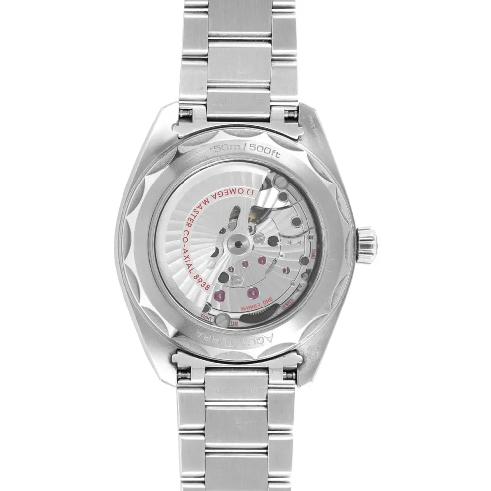 Omega Seamaster Aqua Terra 150M Worldtimer 220.10.43.22.03.002 men's automatic watch – transparent caseback close-up showing the automatic movement