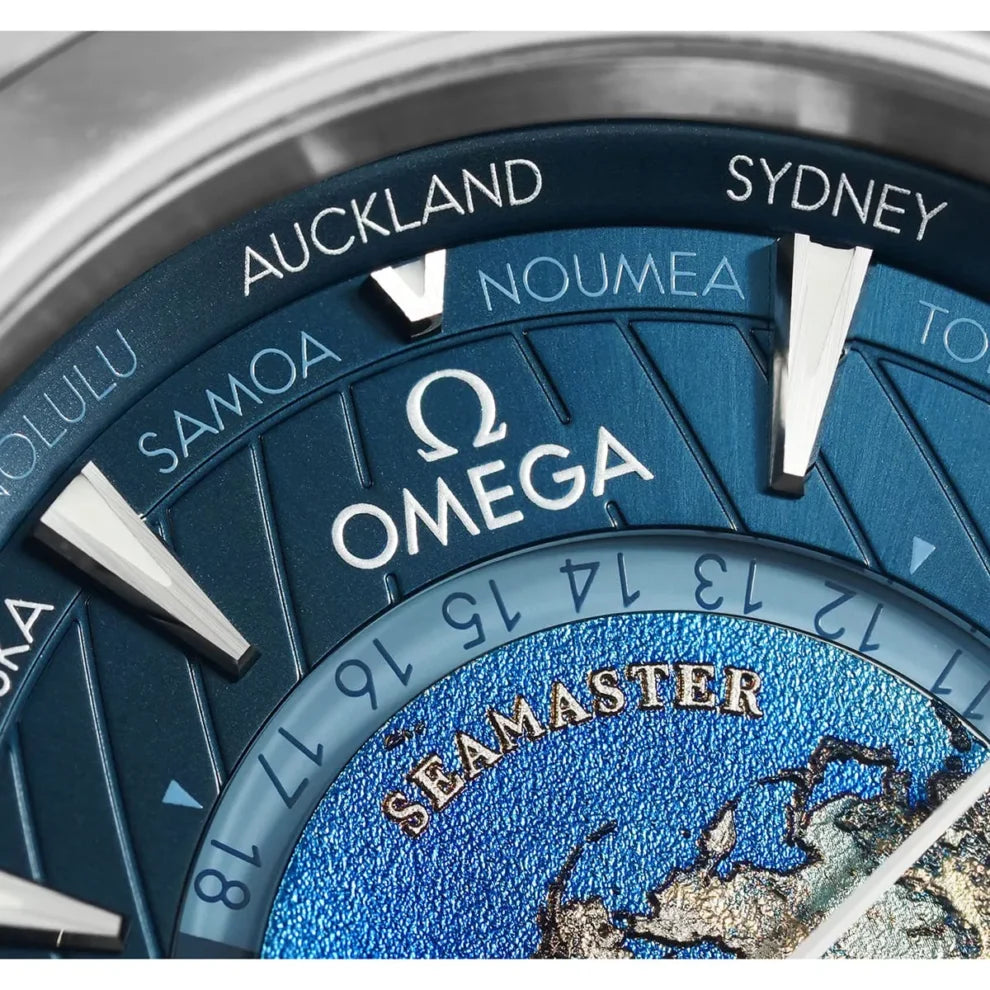 Omega Seamaster Aqua Terra 150M Worldtimer 220.10.43.22.03.002 men's automatic watch – world-time city ring and dial detail close-up