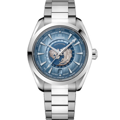 Omega Seamaster Aqua Terra 150M Worldtimer 220.10.43.22.03.002 men's automatic watch, 43mm stainless steel case, light blue world-time dial, steel bracelet – front view