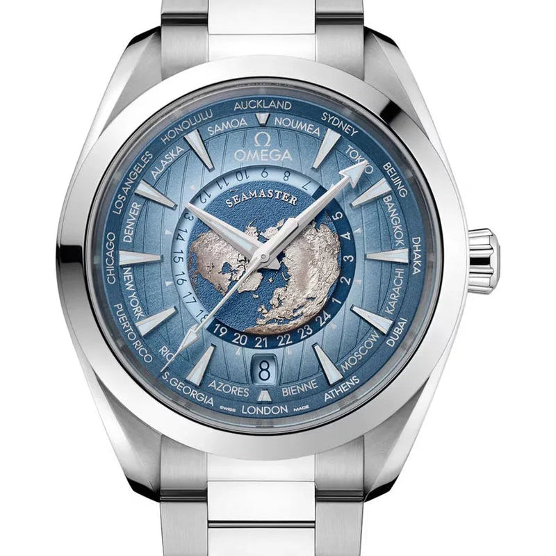 Omega Seamaster Aqua Terra 150M Worldtimer 220.10.43.22.03.002 men's automatic watch, 43mm stainless steel case, light blue world-time dial, steel bracelet – full front view