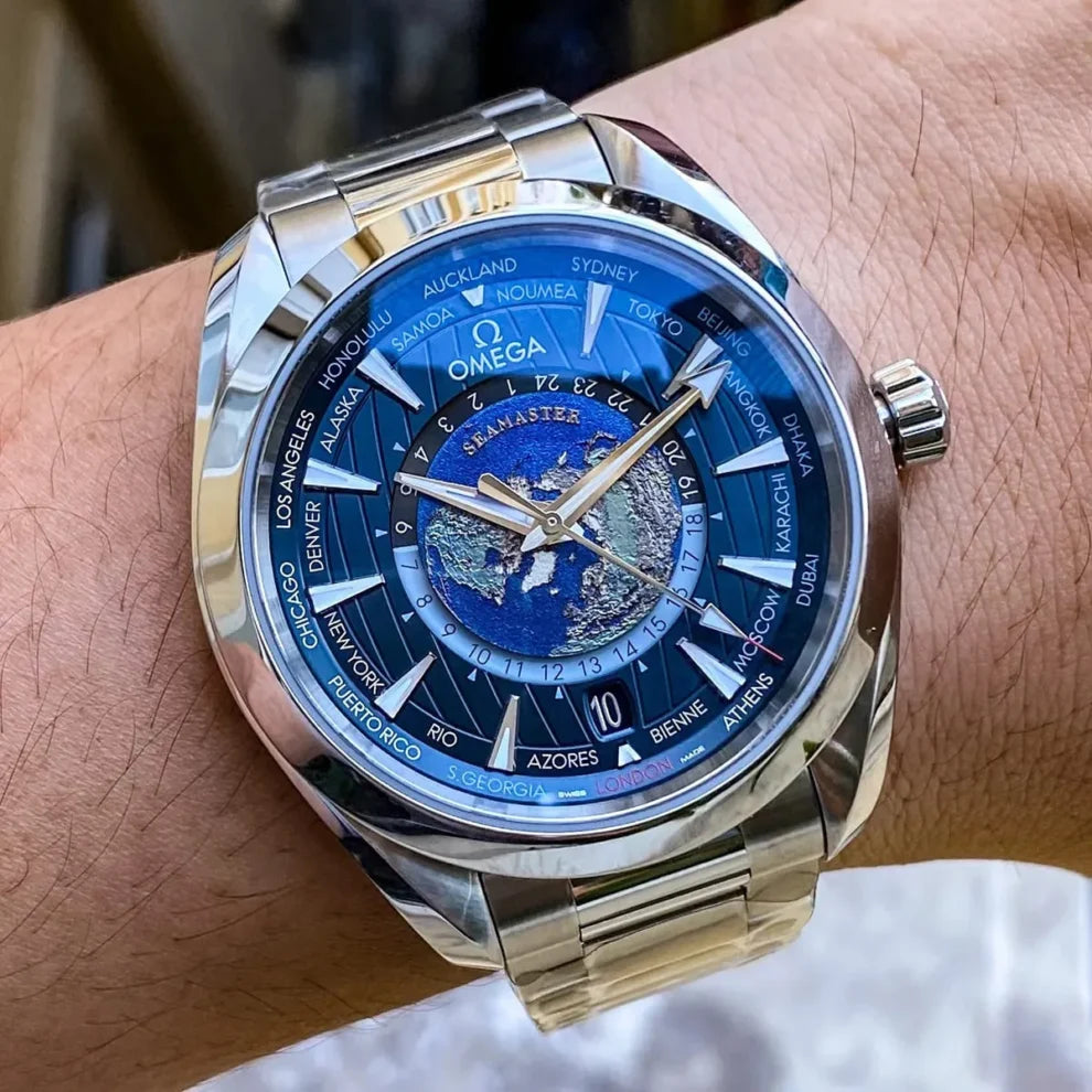 Omega Seamaster Aqua Terra 150M Worldtimer 220.10.43.22.03.002 men's automatic watch, light blue dial, steel bracelet – on wrist view