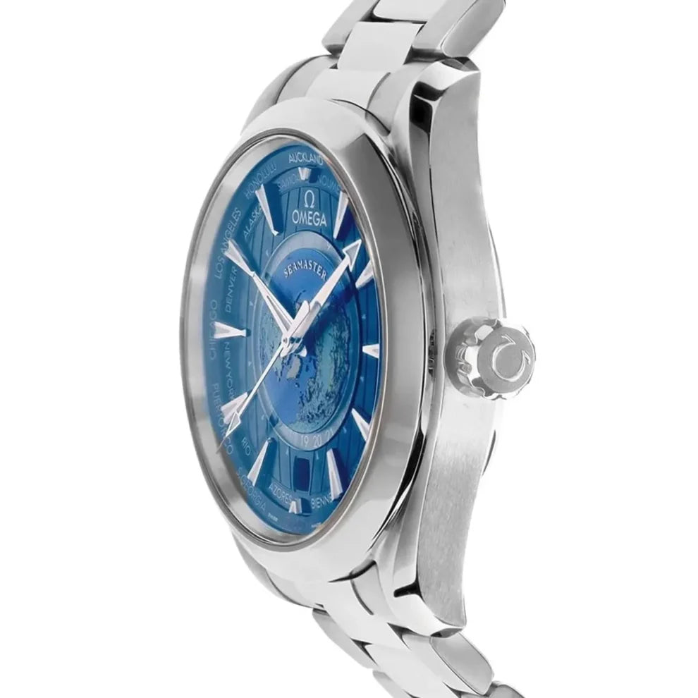 Omega Seamaster Aqua Terra 150M Worldtimer 220.10.43.22.03.002 men's automatic watch, 43mm stainless steel case – side profile view