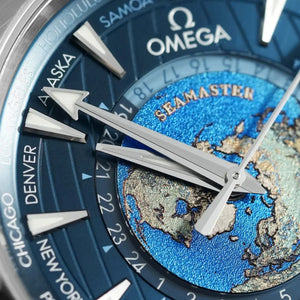 Omega Seamaster Aqua Terra 150M Worldtimer 220.10.43.22.03.002 men's automatic watch – Summer Blue world-time dial close-up with Earth map