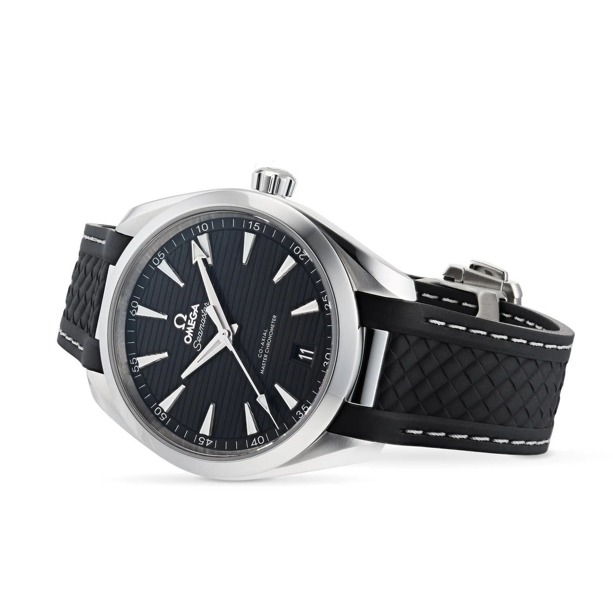 Omega Seamaster Aqua Terra men's automatic watch, 41mm stainless steel case, black teak dial, black rubber strap – angle view