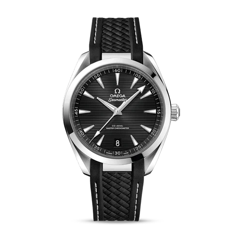 Omega Seamaster Aqua Terra men's automatic watch, 41mm stainless steel case, black teak dial, black rubber strap – front view