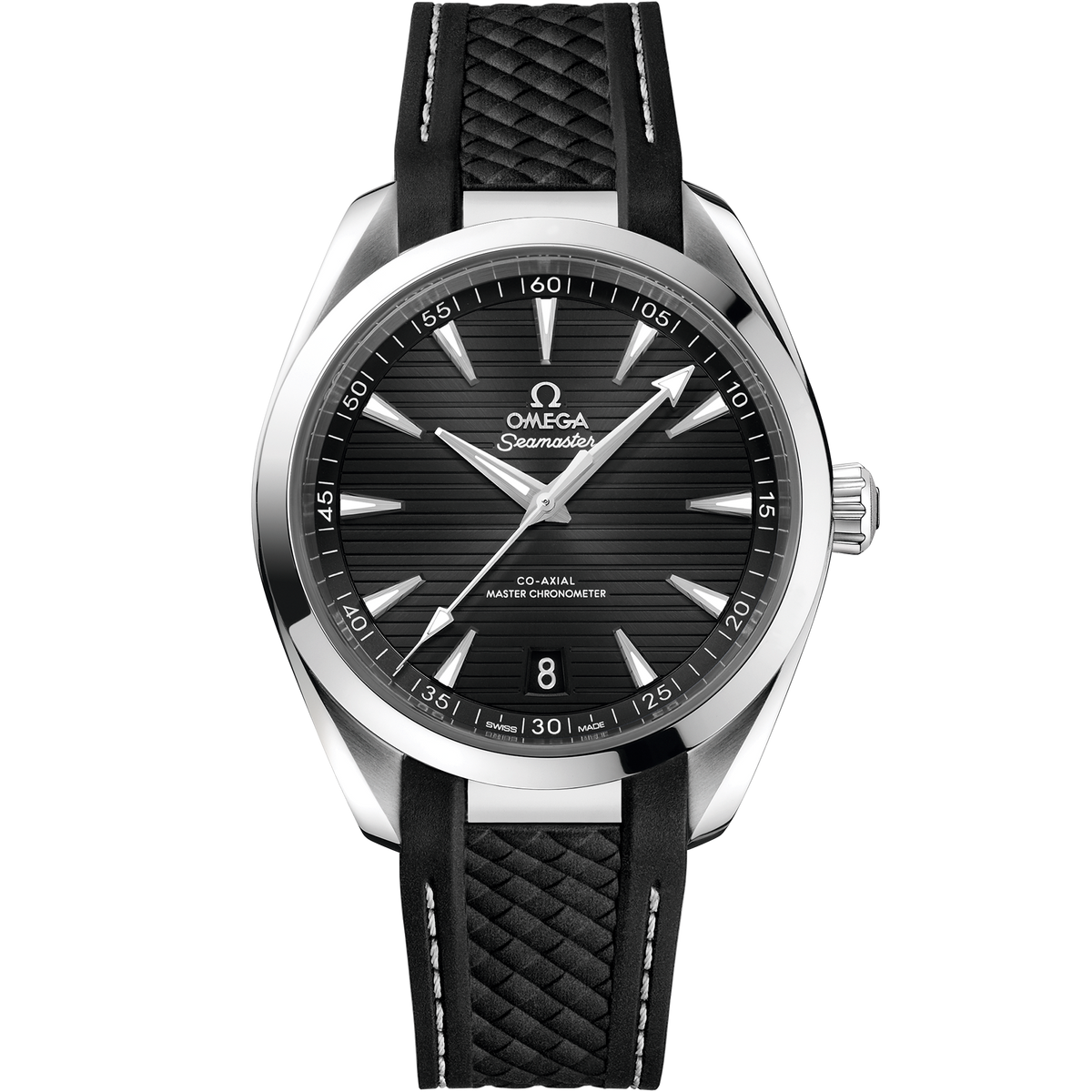 Omega Seamaster Aqua Terra men's automatic watch, 41mm stainless steel case, black teak dial, black rubber strap – full front view