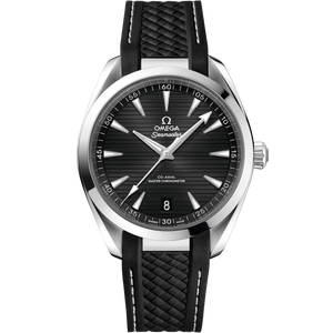 Omega Seamaster Aqua Terra men's automatic watch, 41mm stainless steel case, black teak dial, black rubber strap – full front view