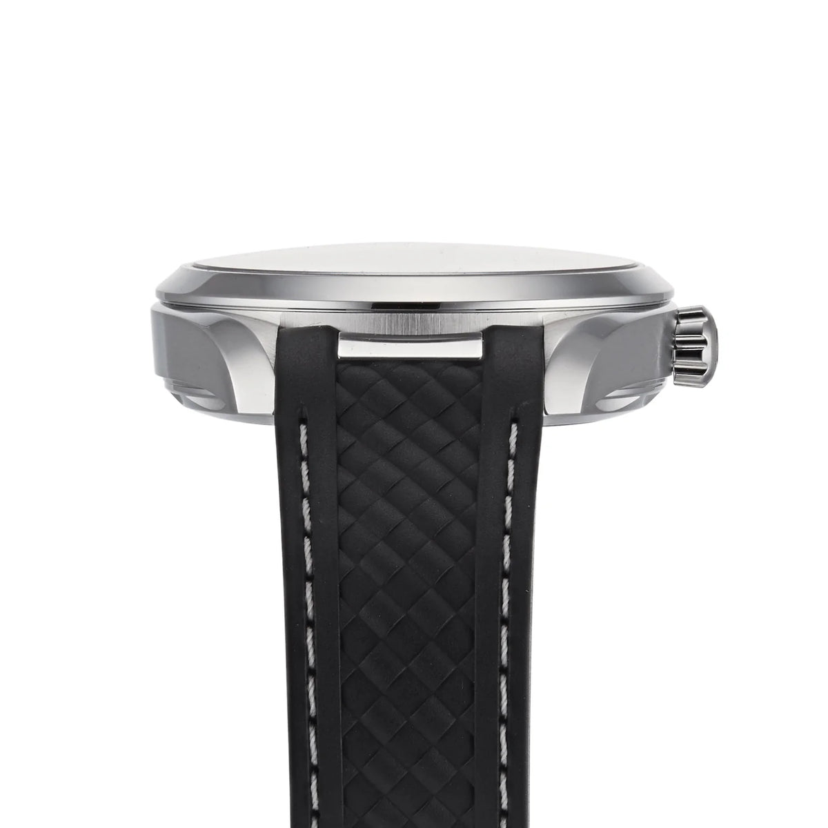 Omega Seamaster Aqua Terra men's automatic watch, 41mm stainless steel case, black teak dial, black rubber strap – side profile view