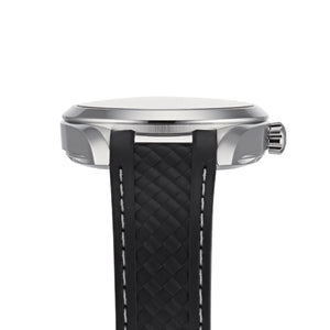 Omega Seamaster Aqua Terra men's automatic watch, 41mm stainless steel case, black teak dial, black rubber strap – side profile view
