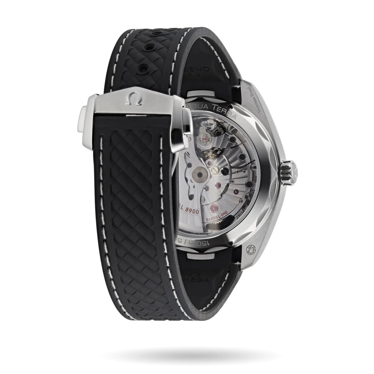 Omega Seamaster Aqua Terra men's automatic watch, 41mm stainless steel case, black teak dial, black rubber strap – strap clasp view