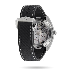 Omega Seamaster Aqua Terra men's automatic watch, 41mm stainless steel case, black teak dial, black rubber strap – strap clasp view
