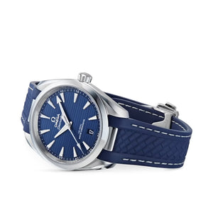 Omega Seamaster Aqua Terra men's automatic watch, 41mm stainless steel case, blue dial, blue rubber strap – angle view