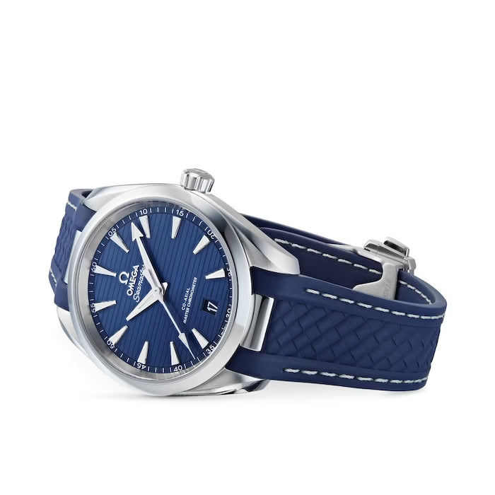 Omega Seamaster Aqua Terra men's automatic watch, 41mm stainless steel case, blue dial, blue rubber strap – angle view