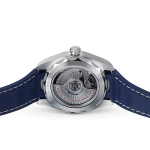 Omega Seamaster Aqua Terra men's automatic watch, 41mm stainless steel case, blue dial, blue rubber strap – caseback view