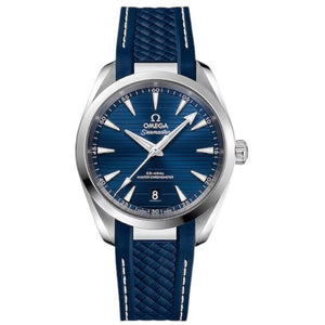 Omega Seamaster Aqua Terra men's automatic watch, 41mm stainless steel case, blue dial, blue rubber strap – front view