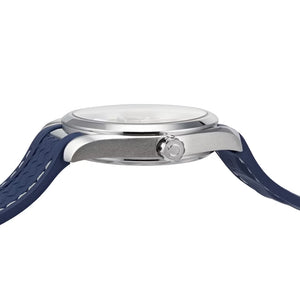 Omega Seamaster Aqua Terra men's automatic watch, 41mm stainless steel case, blue dial, blue rubber strap – side profile view